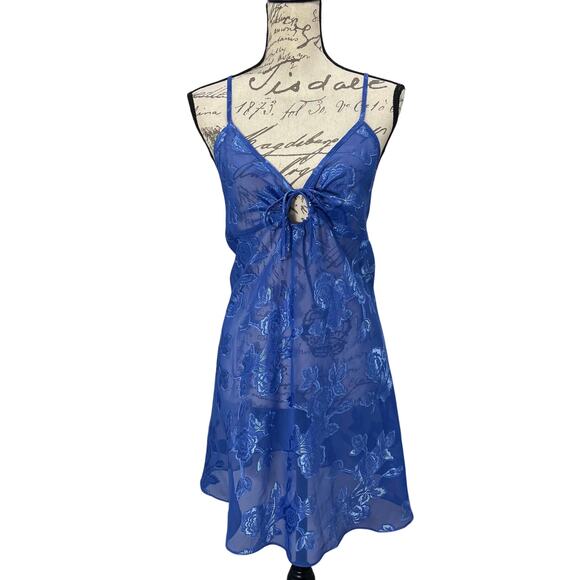 Vintage 90s Keyhole Babydoll Slip Dress Semi-Sheer Satin Floral Lingerie Small - Picture 1 of 9